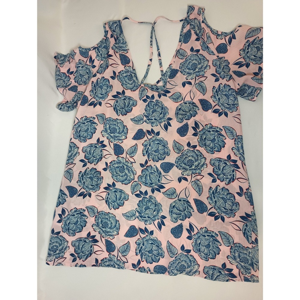 KUT from the Kloth Pink Blue Floral Cold Shoulder Strappy V-Neck Blouse Medium